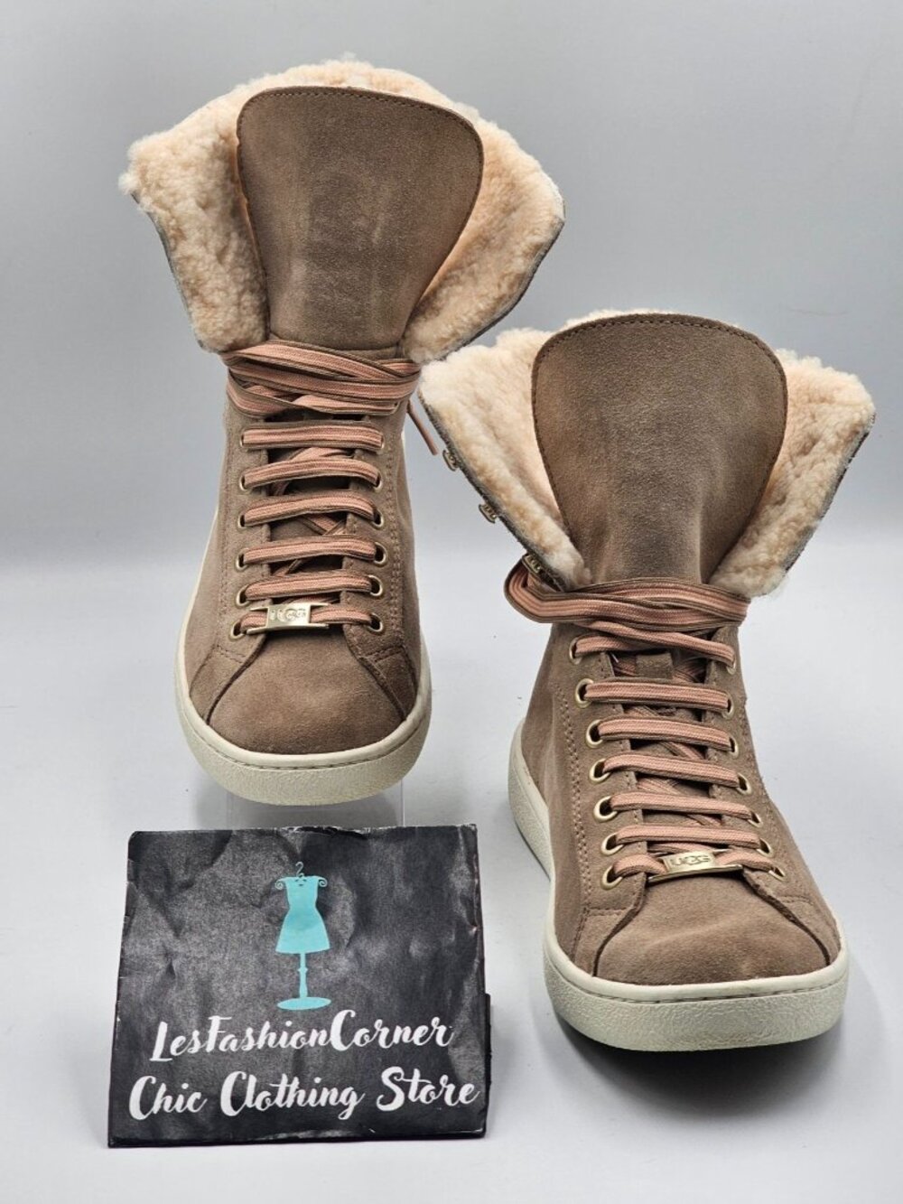 UGG Women's Beige Suede Starlyn Lace-Up Shearling High-Top Trainers Size7.5 3243 - Picture 4 of 16